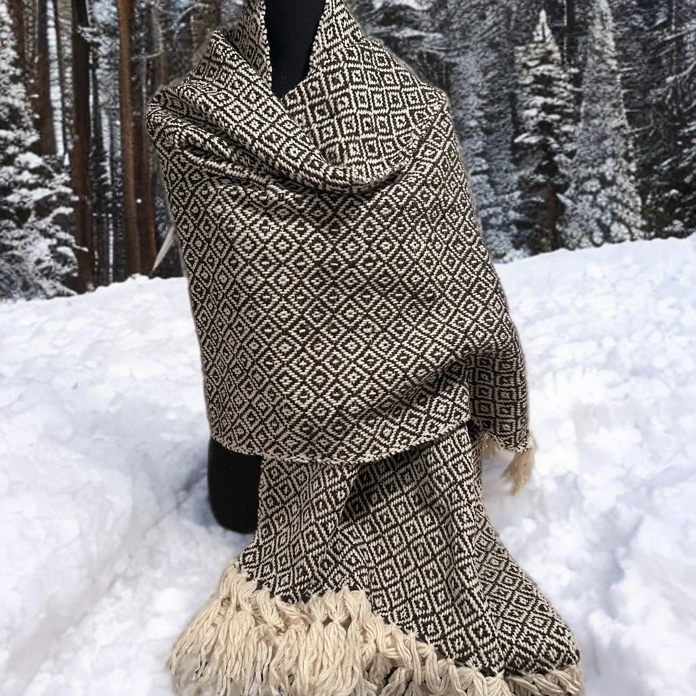 Mexican Rebozo Shawl in Brown on Cream –100% Raw Wool, Thick, Large Winter Wrap